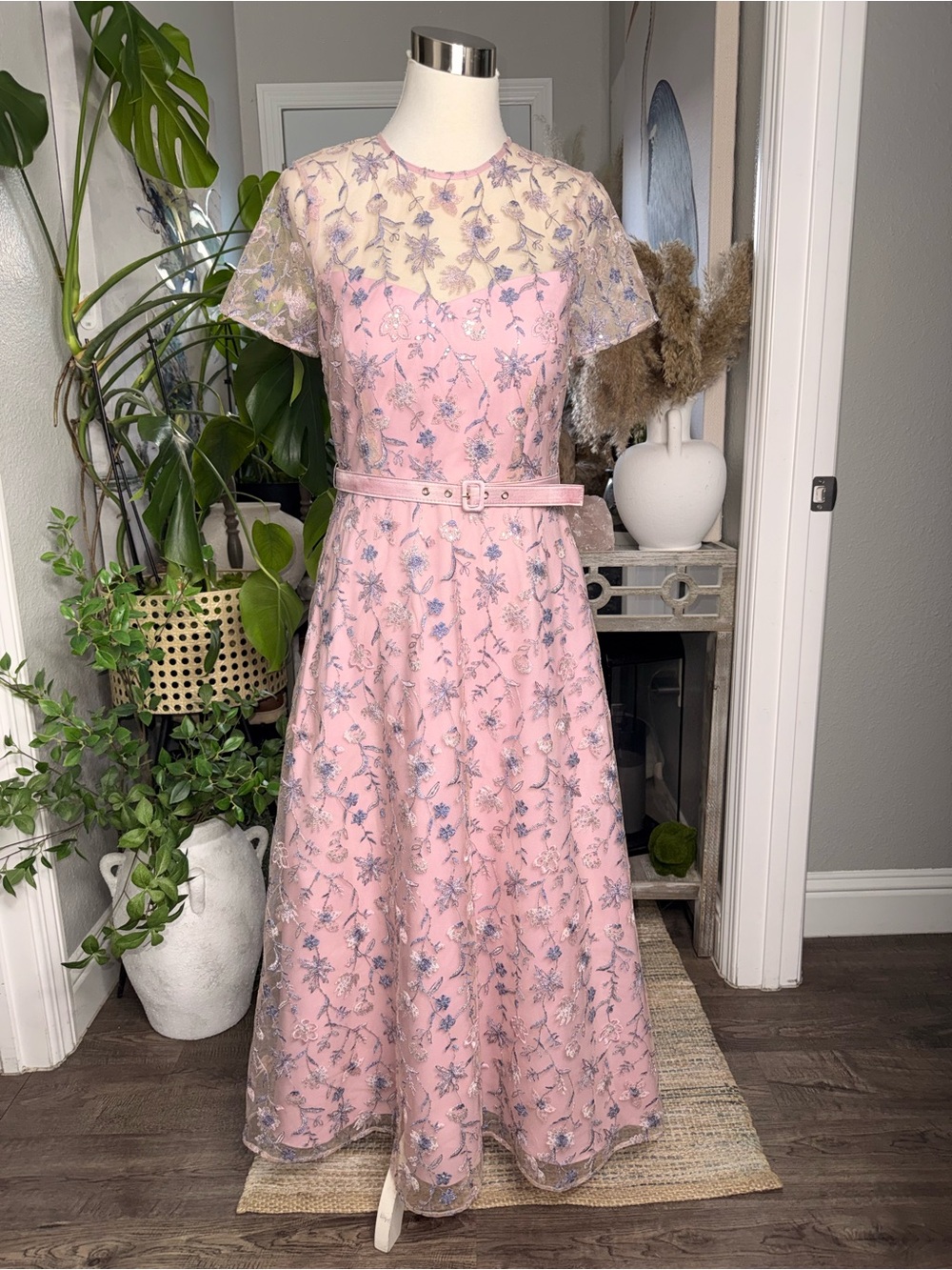 NWT Tahari ASL Pink Floral Midi Dress with Silver-Blue Embroidery